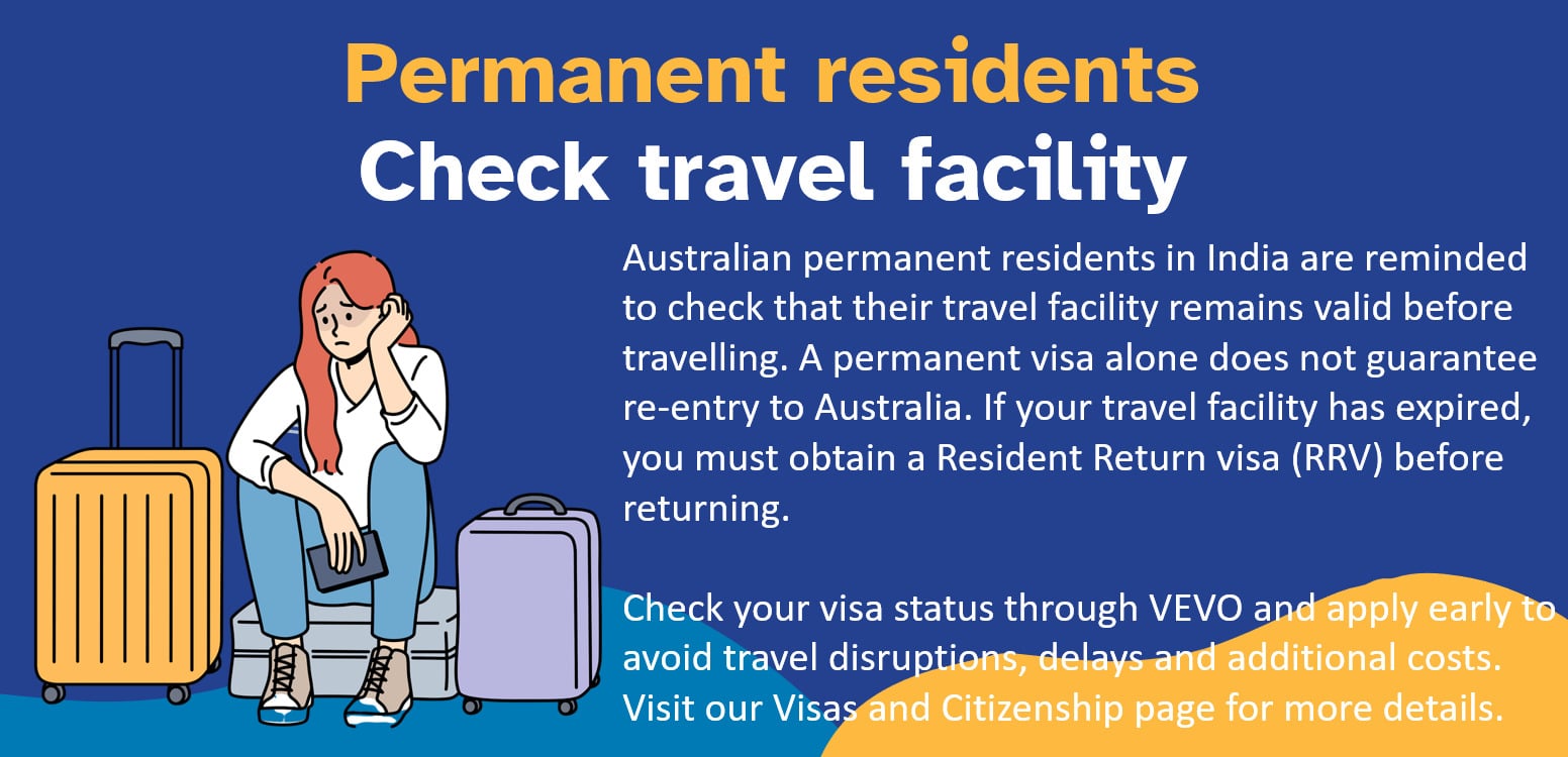 Illustration promoting travel advice for Australian permanent residents in India, reminding travellers to check their travel facility is valid before returning to Australia.